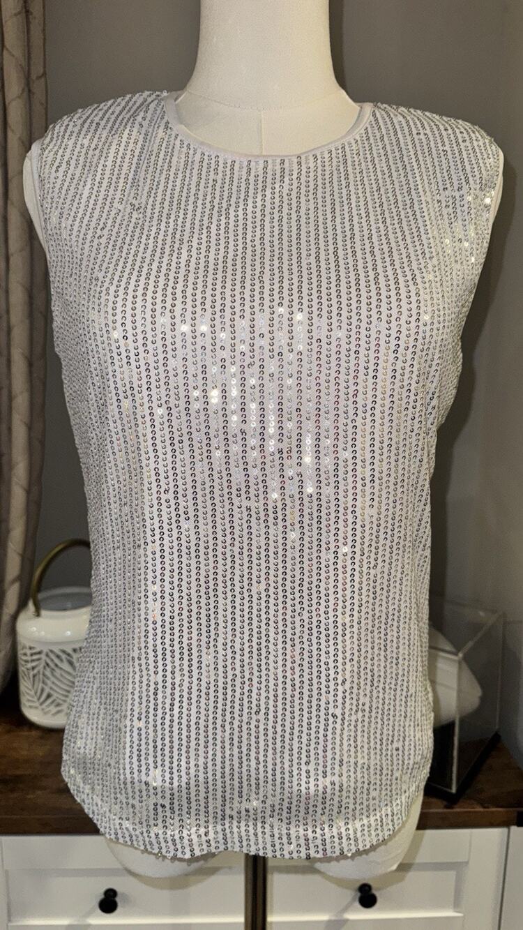 Women's White Silver Sequin Sleeveless Blouse Top Size M NWT Party Holiday